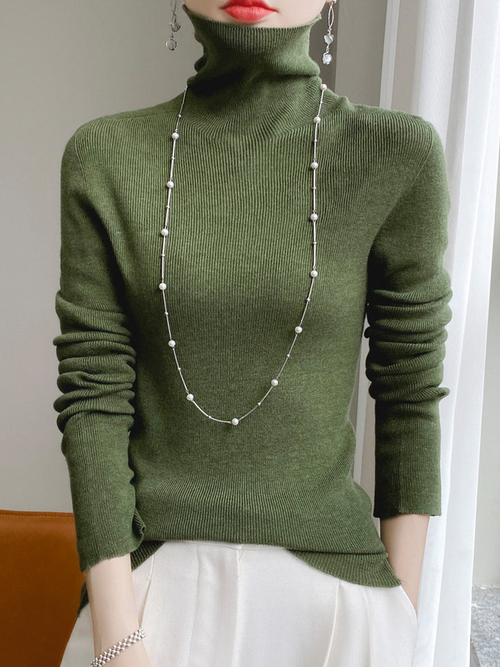 Women Slim Turtleneck Fine Knit Sweater with Elastic Rib Structure and Minimalist Silhouette Mune Fashion