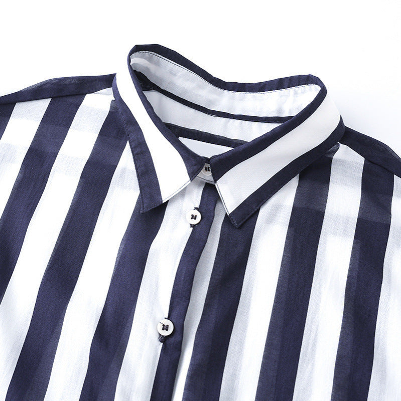 Women's Striped Shirt Dress with Waist Belt and Long Sleeves Mune Fashion