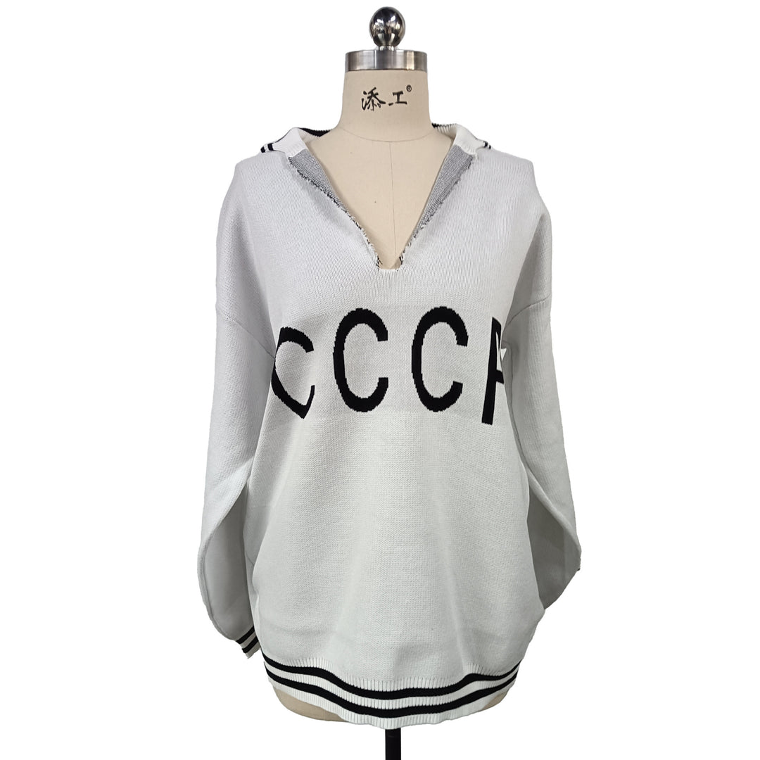 Women's oversized knit sweater with deep V-neck and hood Mune Fashion