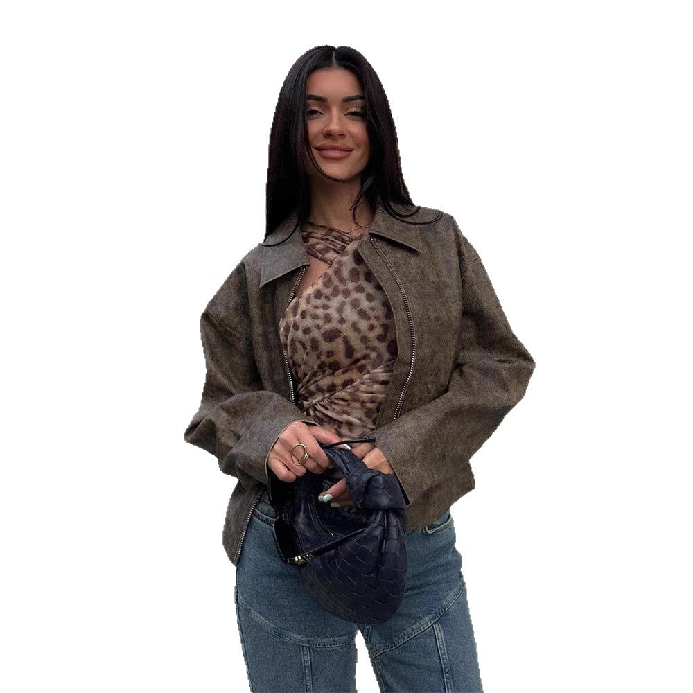 Women's Short Boxy Jacket in Vintage Suede Look with Distinctive Metal Zipper Mune Fashion