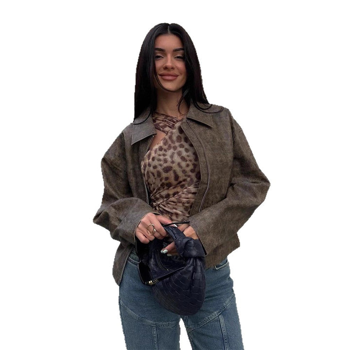 Women's Short Boxy Jacket in Vintage Suede Look with Distinctive Metal Zipper Mune Fashion