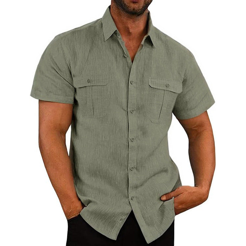 Men's structured short sleeve shirt in linen gauze look with flap pockets and rounded hem Mune Fashion
