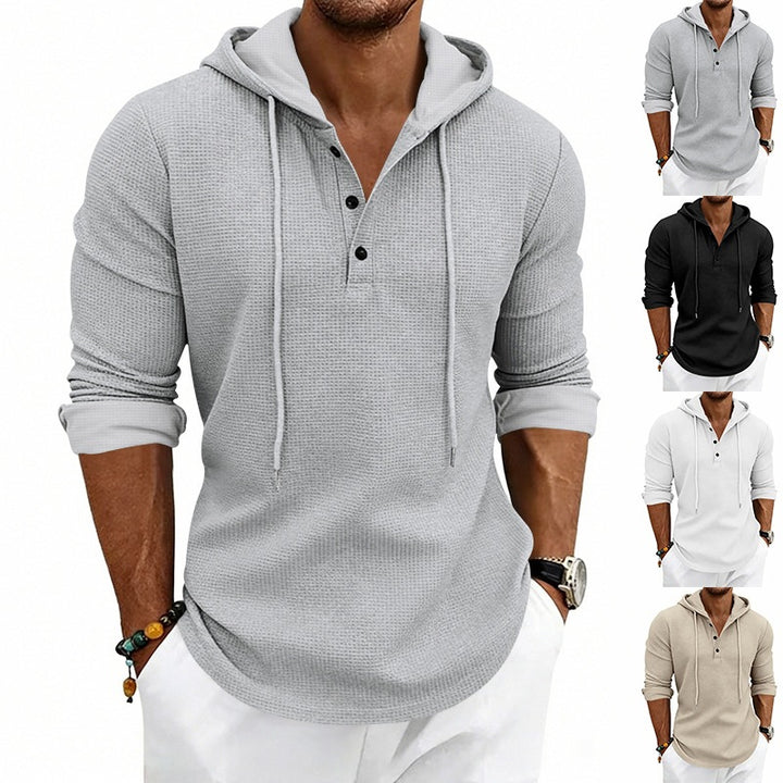 Men's Textured Hooded Long Sleeve Shirt with Button Placket and Waffle Texture Mune Fashion