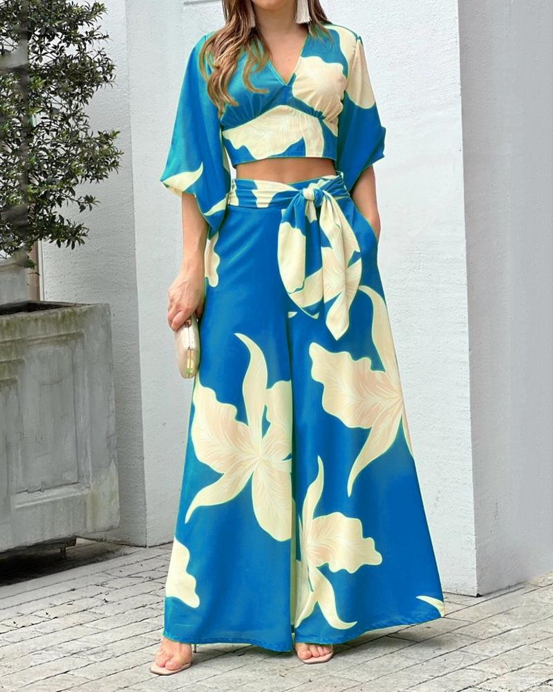 Women's Two-Piece Summer Set with Wrap Crop Top and High-Waist Palazzo Pants EB