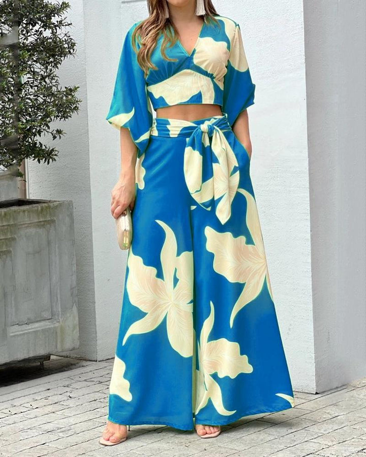 Women's Two-Piece Summer Set with Wrap Crop Top and High-Waist Palazzo Pants EB