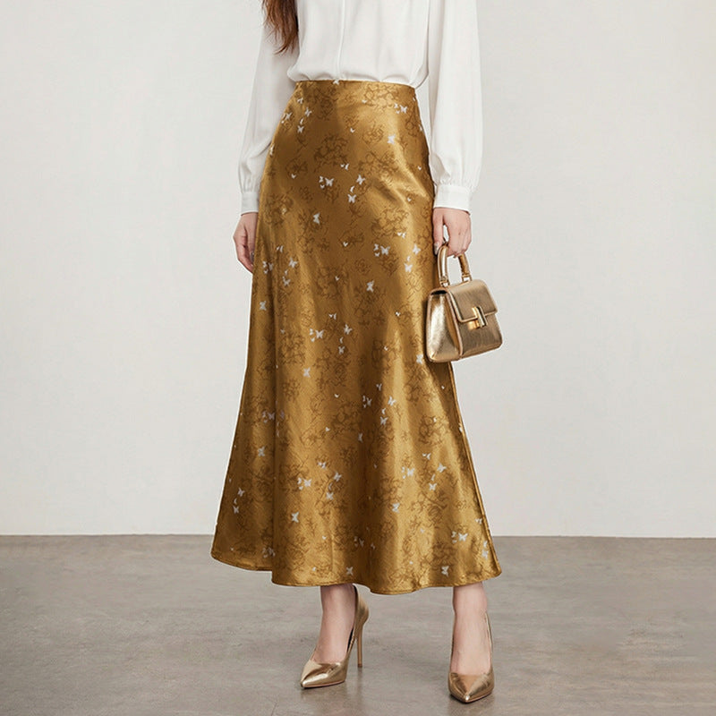 Women's A-line midi skirt in jacquard satin with floral and butterfly reliefs Mune Fashion