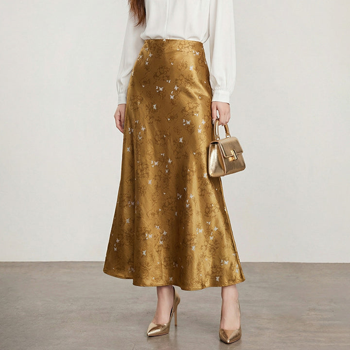 Women's A-line midi skirt in jacquard satin with floral and butterfly reliefs Mune Fashion