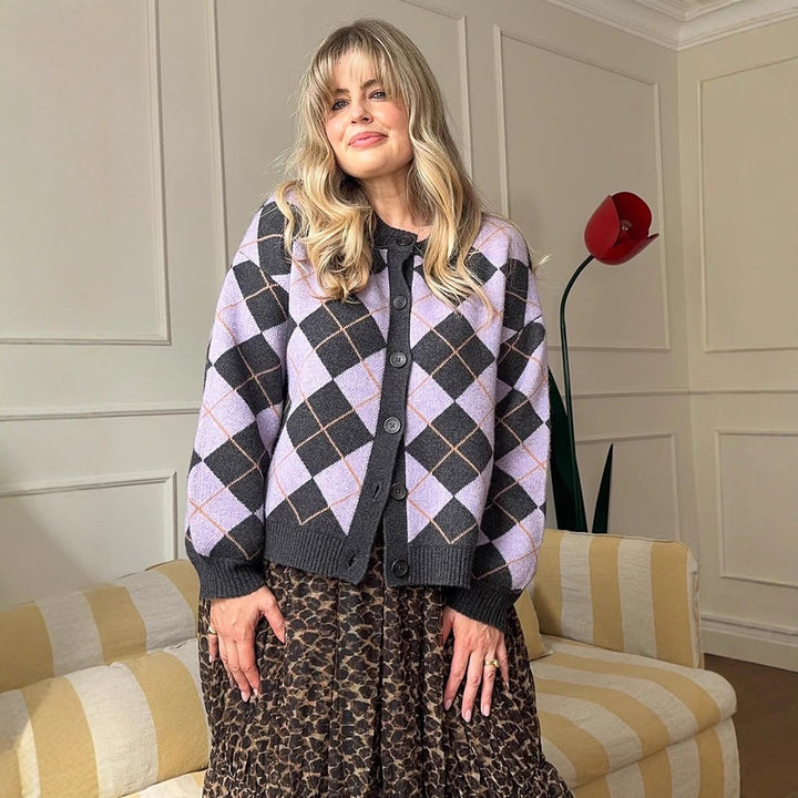 Ladies Argyle Cardigan with Boxy Silhouette and Large Button Placket Mune Fashion