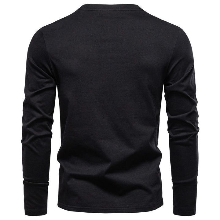 Men's tailored long sleeve shirt in Henley style with short V-neck, decorative buttons, and chest pocket Mune Fashion