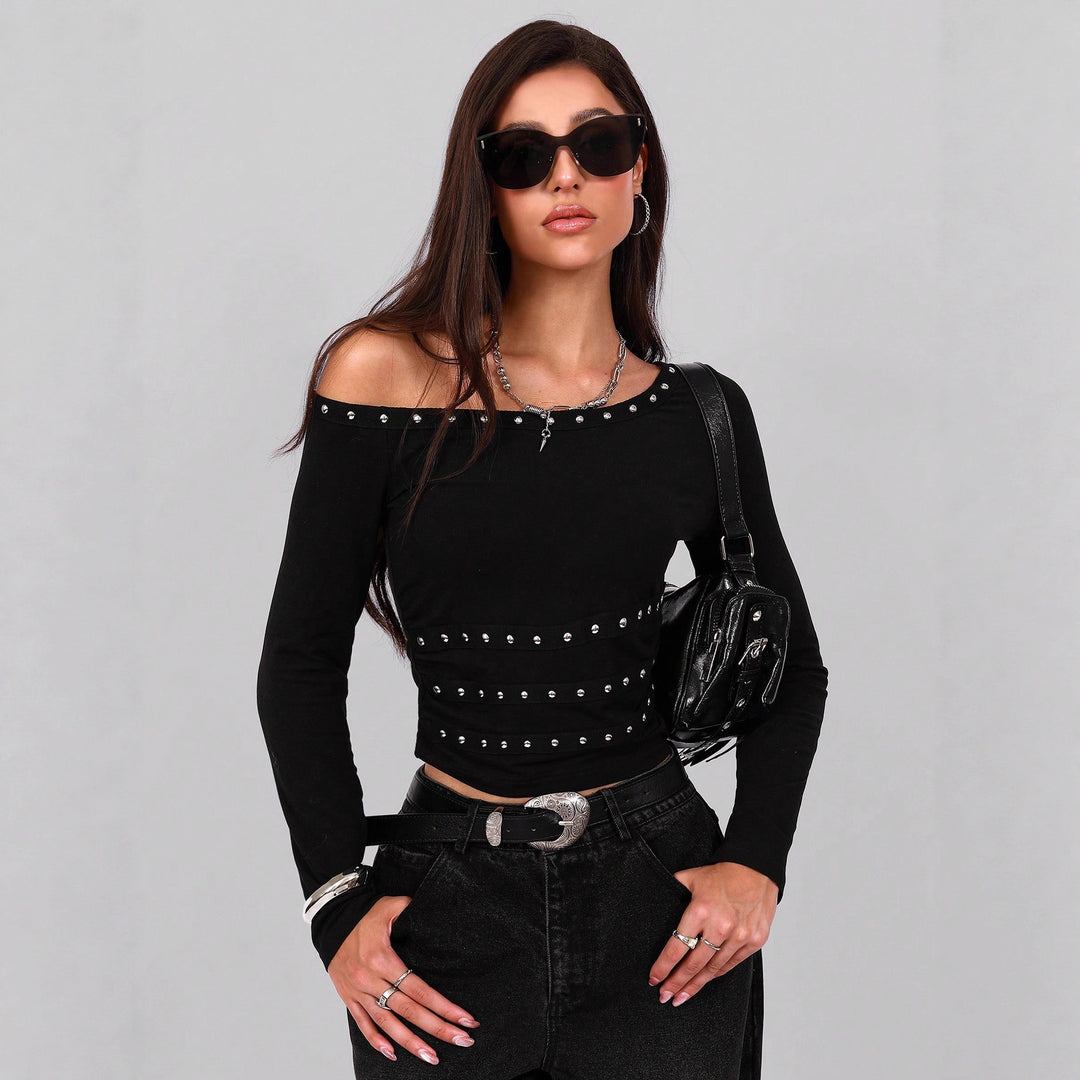 Women's asymmetrical off-shoulder long sleeve shirt with studded trim and fitted cut Mune Fashion