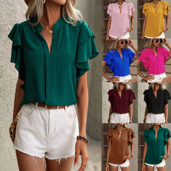 Women's chiffon blouse with ruffle sleeves and concealed button placket Mune Fashion