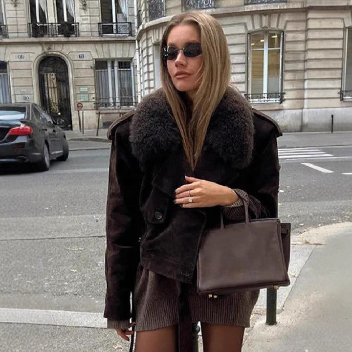 Women's Cropped Motorcycle Jacket in Suede Look with Voluminous Teddy Collar Mune Fashion