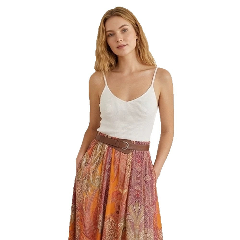 Ladies Airy Maxi Skirt with Paisley Print, Pleated Look and Waist-Emphasizing Pleat Mune Fashion