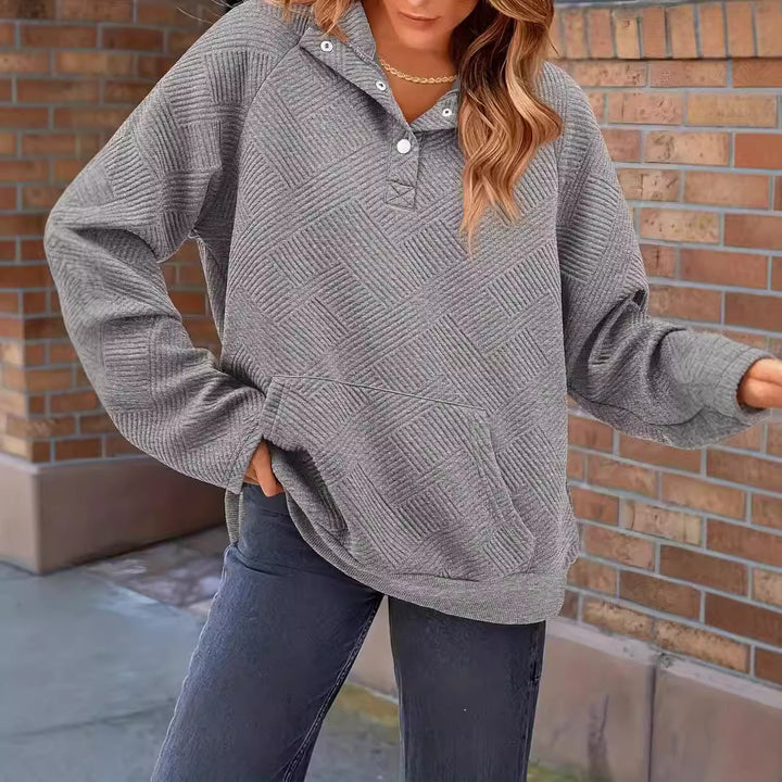 Women's Textured Oversized Hoodie with Henley Placket and Kangaroo Pocket Mune Fashion