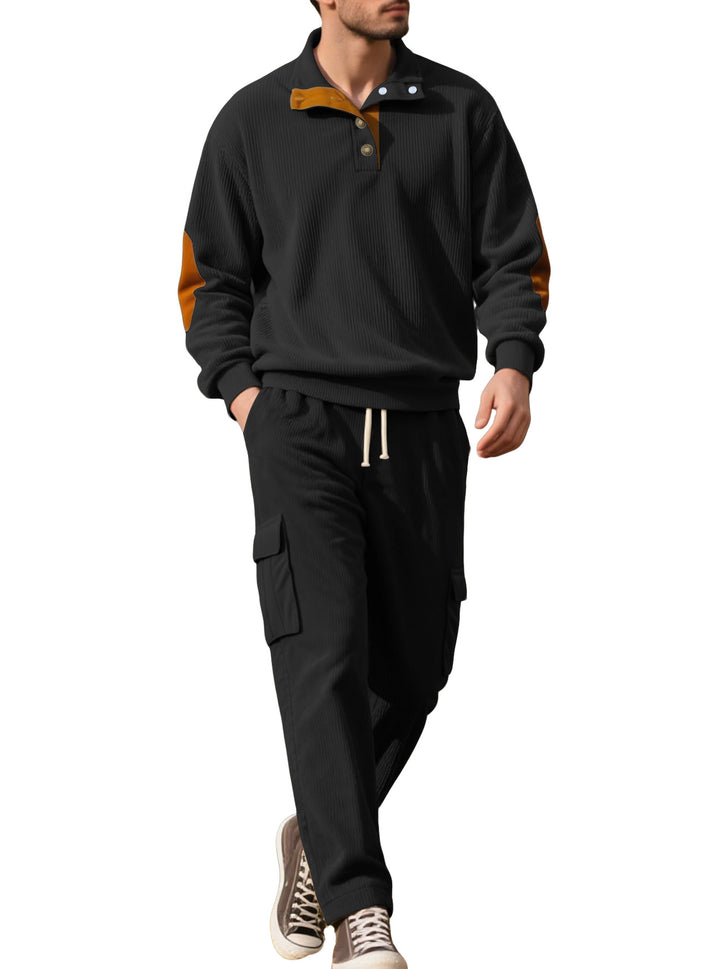 Men's structured turtleneck pullover with stand-up collar, press stud placket, and velour elbow patches Mune Fashion