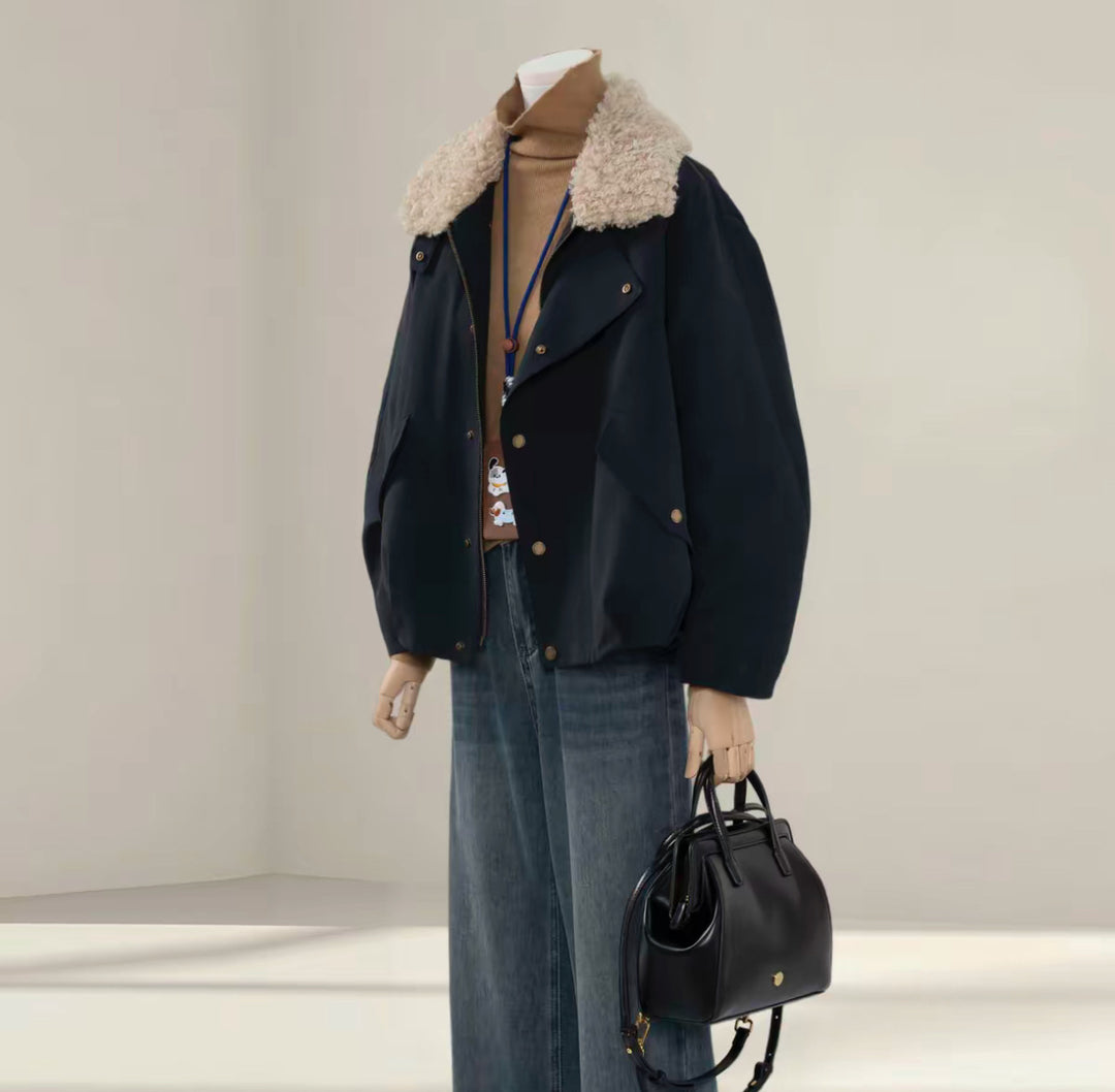 Women Short Oversized Bomber Jacket with Teddy Collar and Snap Button Details Mune Fashion