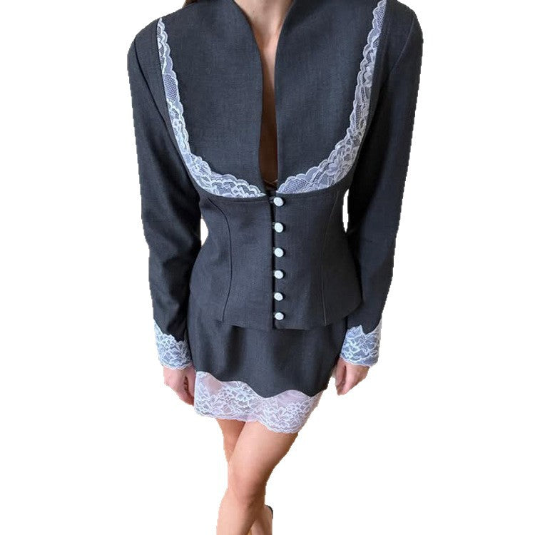Women Tailored Blazer and Mini Skirt Set with Lace Trim Mune Fashion