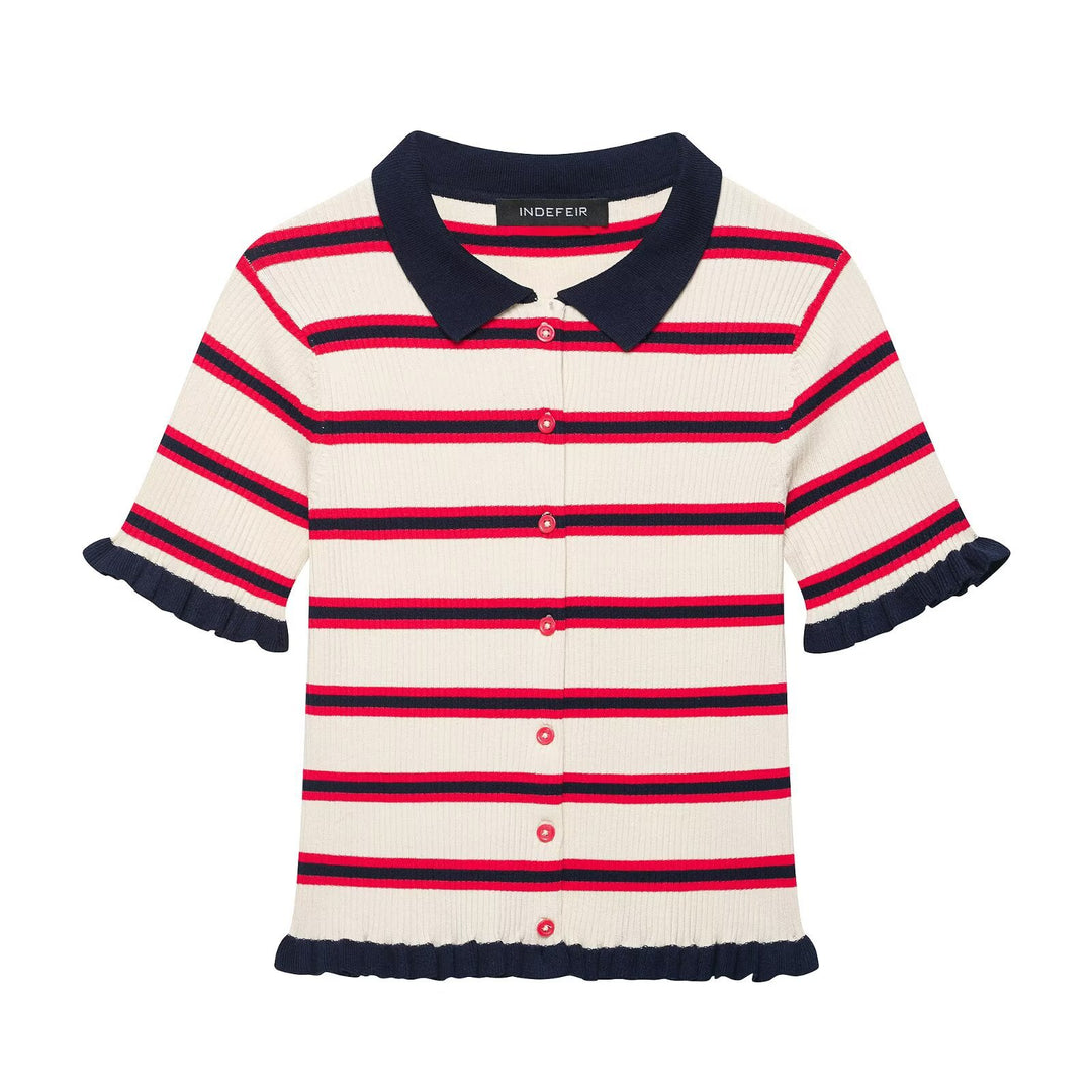Ladies Short-Sleeved Fine Knit Cardigan with Polo Collar and Ruffle Cuffs Mune Fashion