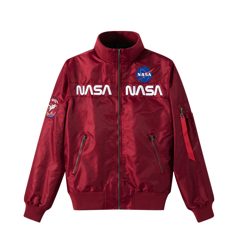 Men's  retro space-logo nylon zip bomber with angled zip pockets and utility sleeve tab Mune Fashion