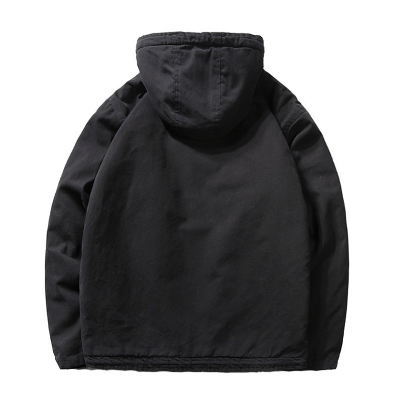 Men's cotton canvas hooded jacket with full teddy lining, concealed button and zipper placket, and inner pocket Mune Fashion