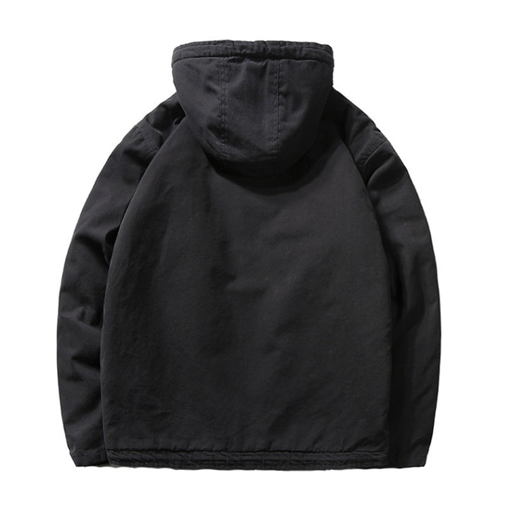 Men's cotton canvas hooded jacket with full teddy lining, concealed button and zipper placket, and inner pocket Mune Fashion