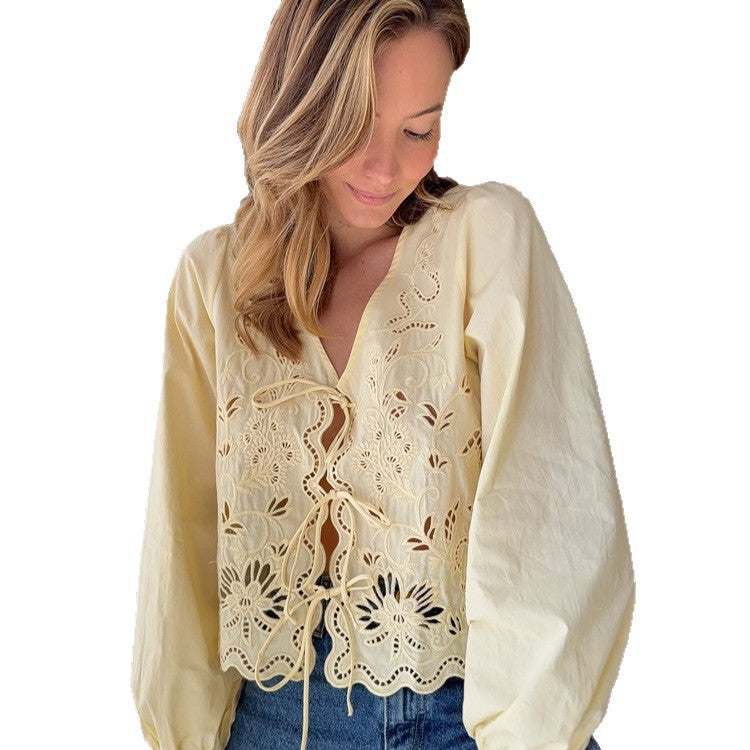 Women's Light Embroidery Anglaise Lace Blouse with V-Neck, Ties and Balloon Sleeves Mune Fashion