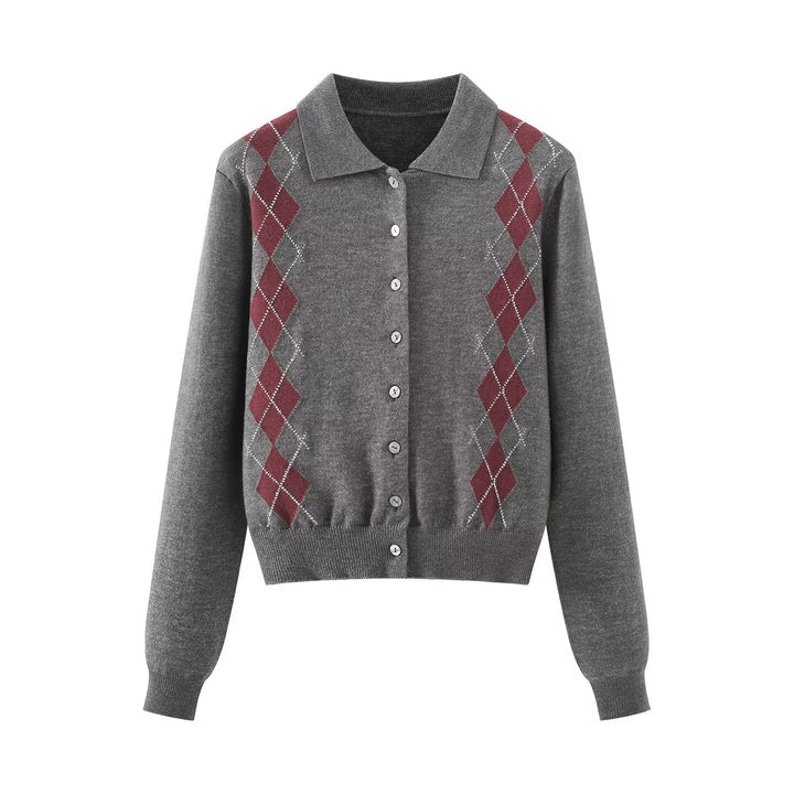 Women's fine knit cardigan with argyle pattern, polo collar, and tailored cropped fit Mune Fashion