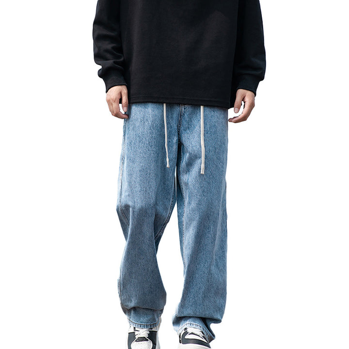 Men's Wide Vintage-Washed Baggy Jeans in Jogger Style with Drawstring Waistband and Ribbed Ankle Cuffs Drune