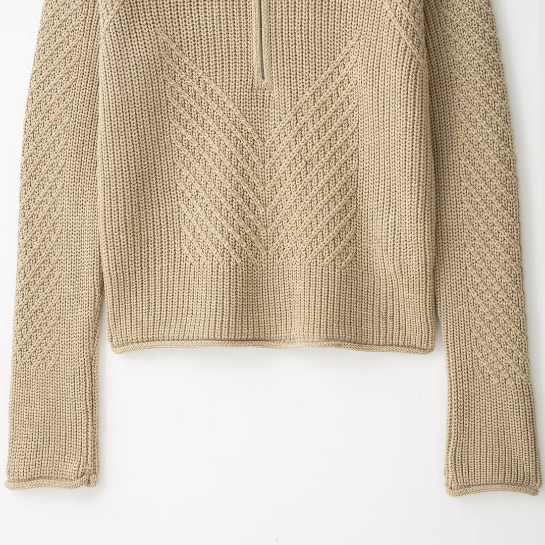 Ladies chunky knit pullover with half zipper and high stand-up collar Mune Fashion