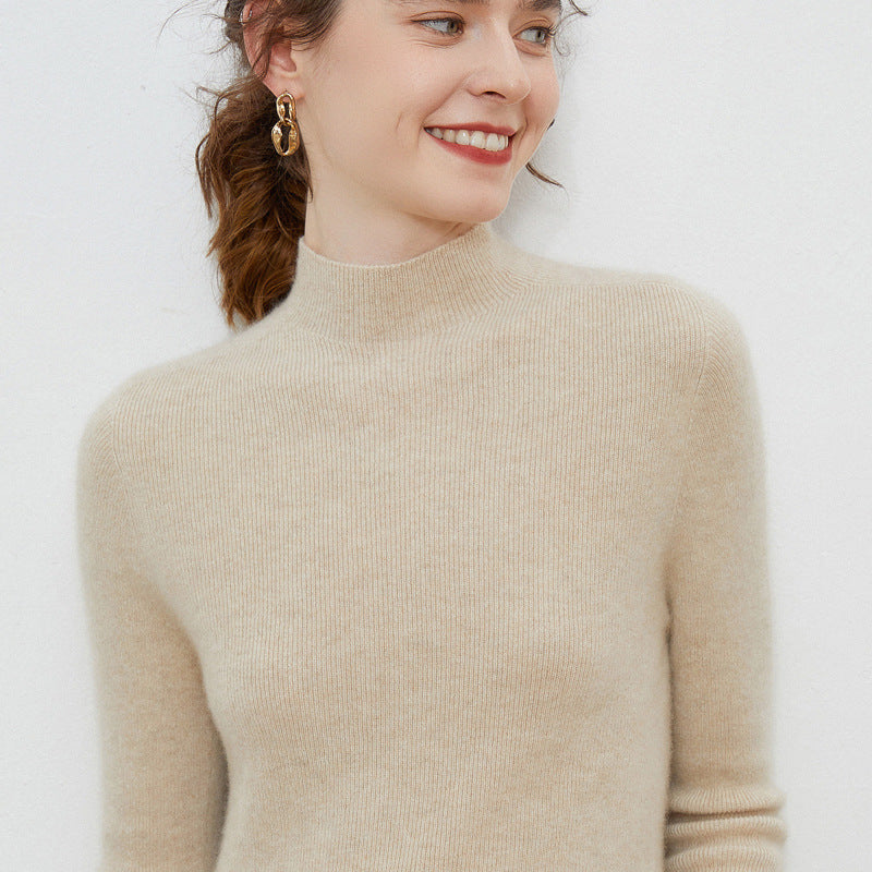 Women Lightweight fitted mock neck pullover in cashmere-like mohair look with fine ribbed texture Mune Fashion