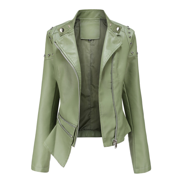 Women's nan asymmetric faux leather biker jacket with stud application and tailored peplum Mune Fashion
