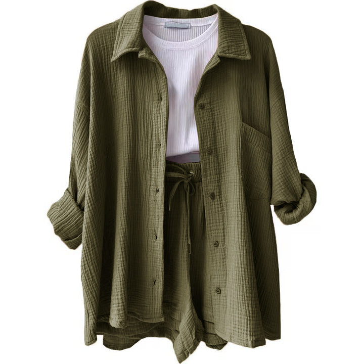 Women's casual oversized shirt and shorts set with chest pocket, drawstring, and brushed cotton texture Mune Fashion