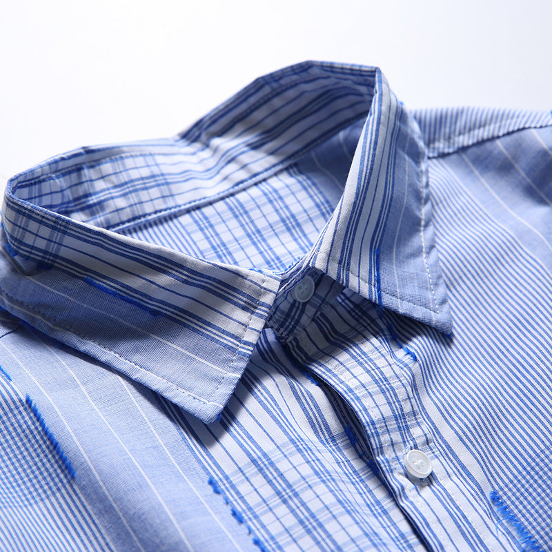 [Unisex] Oversize shirt in patchwork stripe mix with breast pocket and rounded hem Mune Fashion