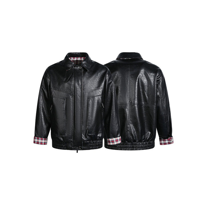 Men's Short Faux Leather Pilot Style Blouson Jacket with Checked Lining Mune Fashion