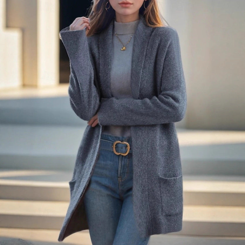 Women's Open Long Cardigan made of Soft Knit with Applied Pockets Drune