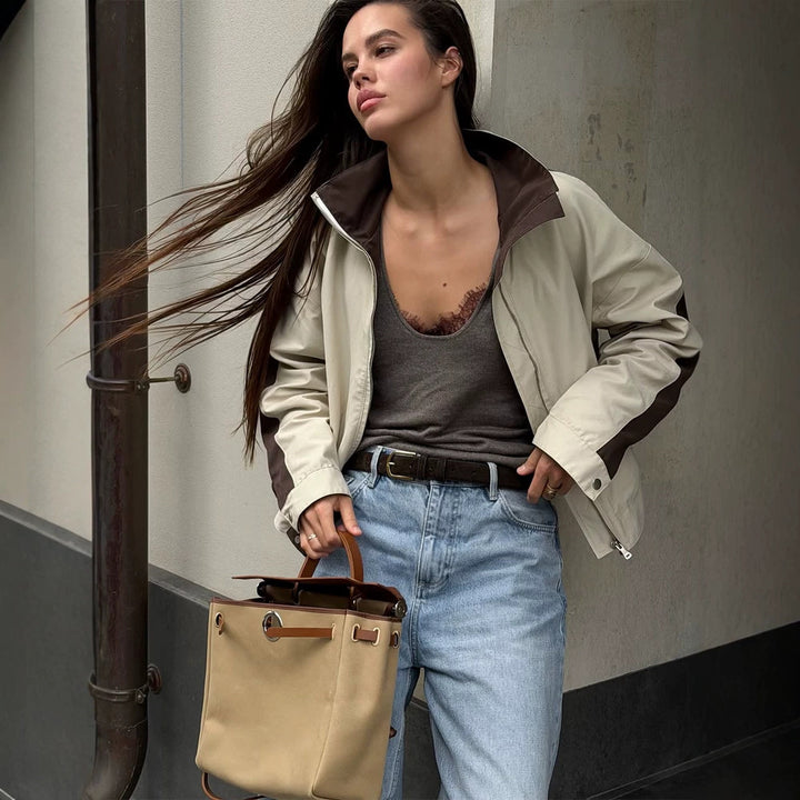 Women's Lightweight Bomber Jacket in Colorblock Style with High Stand-Up Collar Mune Fashion