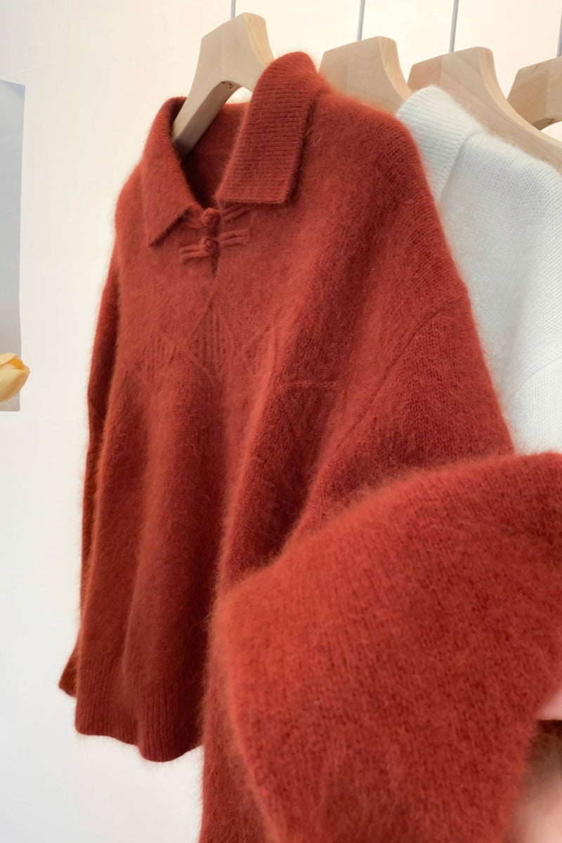 Women’s polo collar pullover in mohair look with ajour cable pattern, dropped shoulder and wide silhouette Mune Fashion