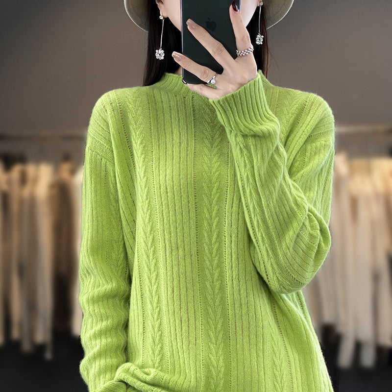 Women Cashmere-like Fine Knit Mock Neck Sweater with Lace Cable Pattern and Casual Oversized Fit Mune Fashion