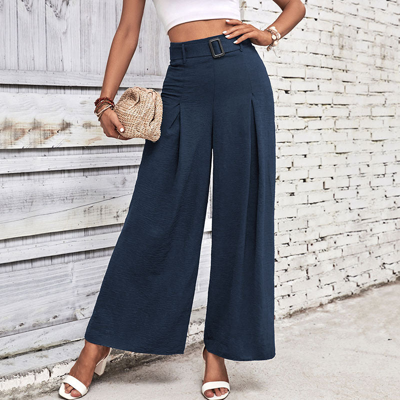 Women Elegant Culotte Pants with High Waist, Pleats and Decorative Loop Belt Mune Fashion