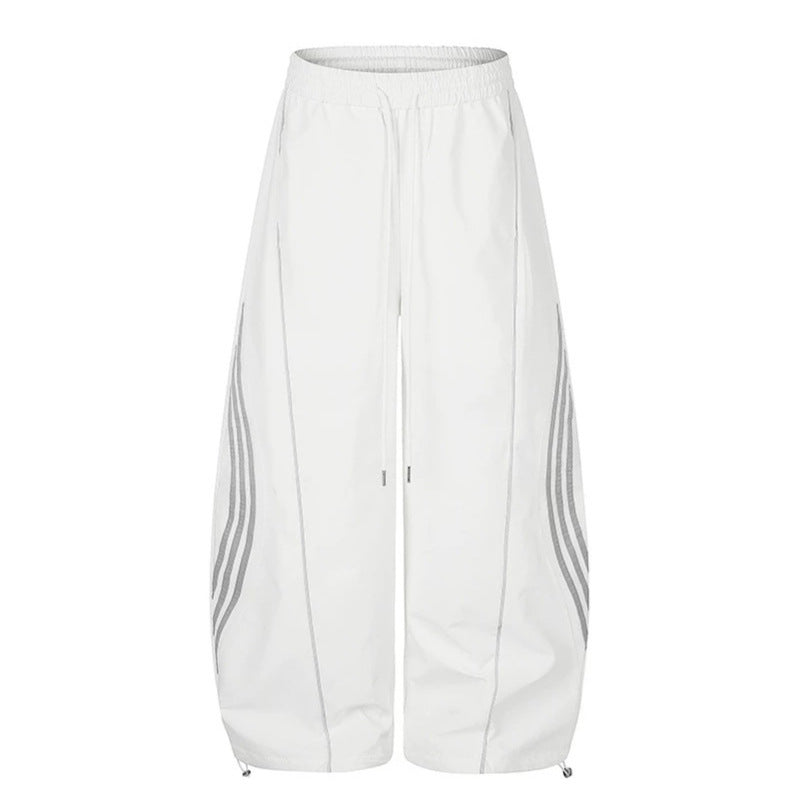 Women's Wide Tech Material Palazzo Pants with Drawstring Waistband, Reflective Side Stripes and Adjustable Cord Hem