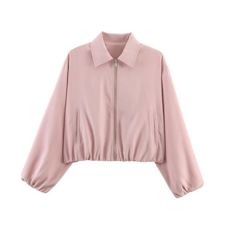 Women Polka Dot Cropped Bomber Jacket in Retro Look with Shirt Collar and Elastic Hem Mune Fashion