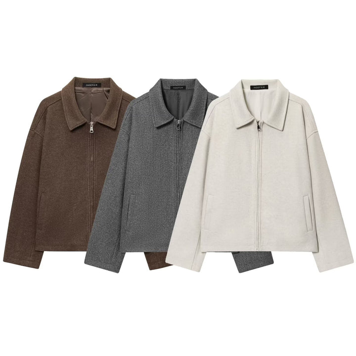 Women Boxy Wool Blend Blouson Jacket with Zipper and Shirt Collar Mune Fashion