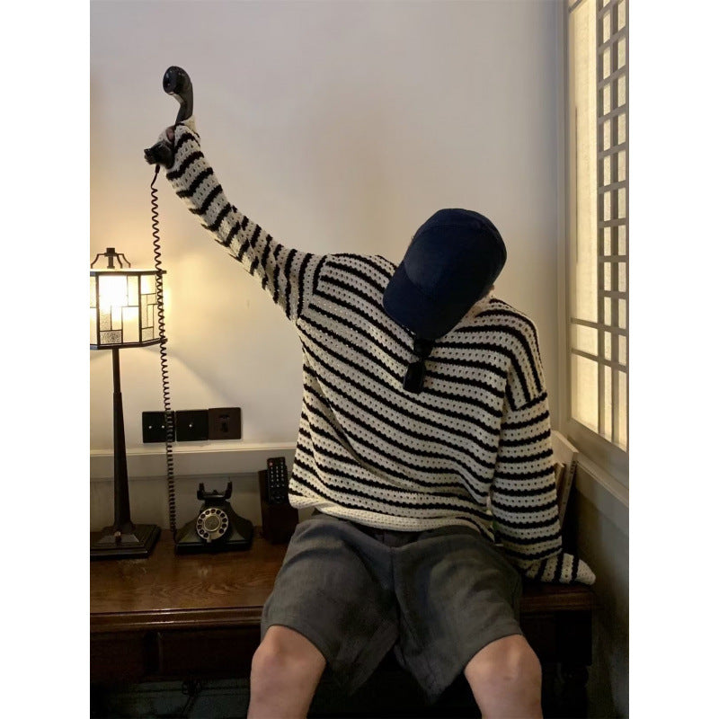 Unisex Thick Knitted Oversized Ajour Sweater with Striped Pattern and V-Neck Mune Fashion