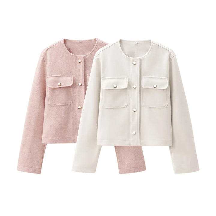 Women's short cut overshirt jacket with round neck, snap button placket and patch pockets Mune Fashion