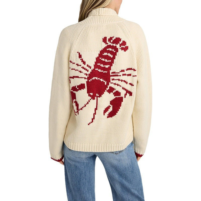 Women Chunky Knit Turtle Neck Sweater with Lobster Intarsia and Casual Oversized Fit Mune Fashion