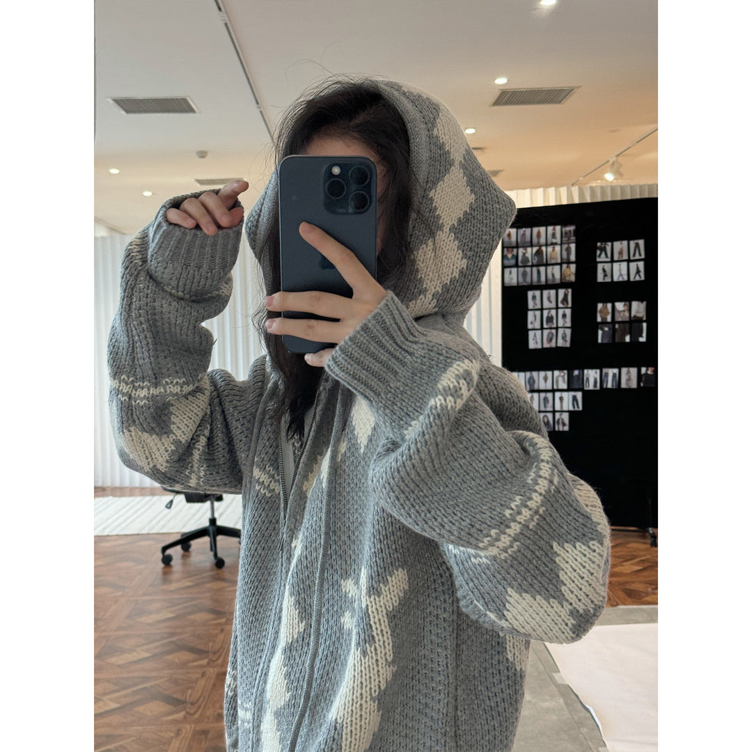 Women's chunky knit hooded cardigan with zipper and Norwegian pattern Mune Fashion