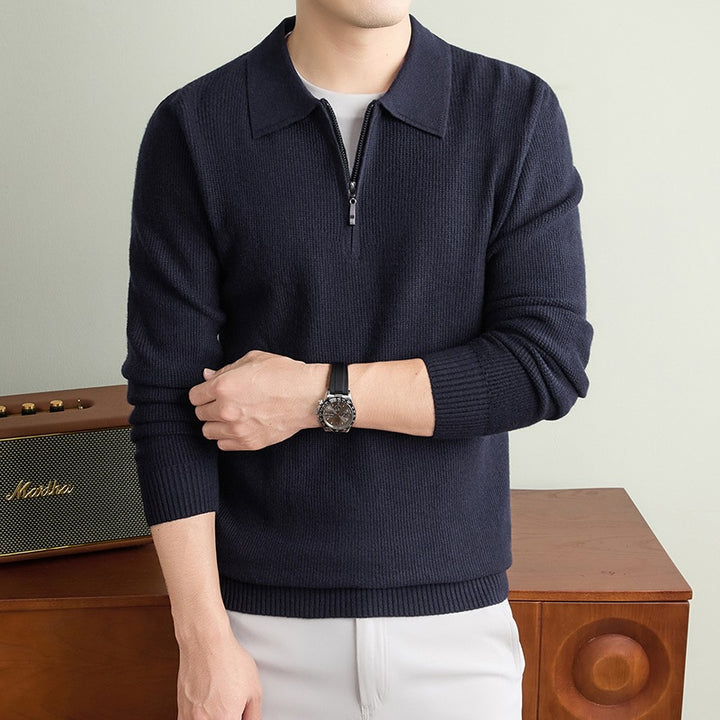 Men's Fine Knit Half-Zip Polo with Shirt Collar and Fine Rib Structure Mune Fashion