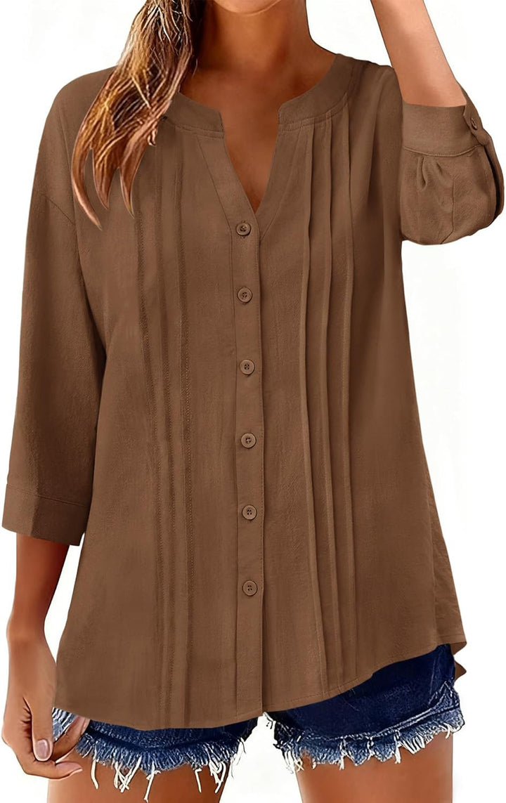 Women Loose Tunic Shirt with Pleats and Three-Quarter Sleeves Mune Fashion