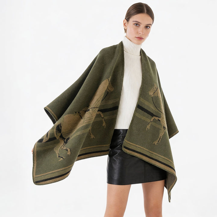 Women's poncho-cape made of wool blend with woven horse jacquard and contrasting piping Mune Fashion
