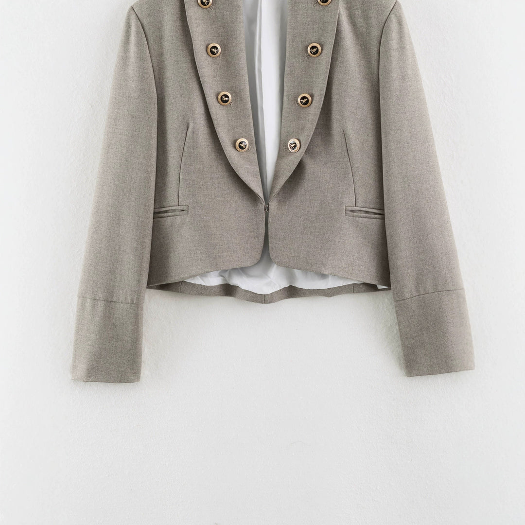 Women Cropped Military Blazer with Stand Collar, Double-Breasted Decorative Button Placket and Tailored Fit Mune Fashion